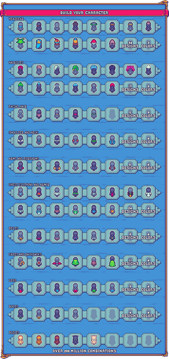 A cheat sheet showing all that can be built using the asset pack, from headgers to boots. There are 34 designs for headgear with 9 color variations, 19 designs for haircuts with 9 color variations, 5 designs for facial hair with 9 color variations, 19 designs for shoulder and neck items with 4 color variations, 9 designs for arm acessories with 4 colors variation, 24 designs for chest pieces with 4 colors variations, 8 designs for belts with 4 color variations, 11 designs for back items with 4 color variations, 9 designs for leg pieces with 4 color variations, 4 designs for boots with 4 color variations and, finally, 5 body models.