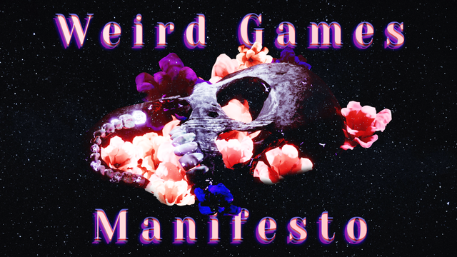 In outer space, a human skull is invaded by colorful flowers. A title appears: Weird Games Manifesto.