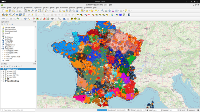 Carte des Zones arrières du point de mutualisation (ZAPM) colorisées pour une meilleur distinction des opérateurs d'infrastructure.