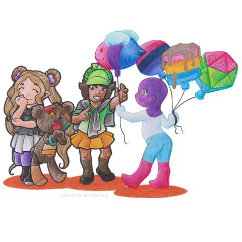 Das Bild zeigt Aron, Acey und Flick, drei der Maskottchen von InSpektren. Rechts von ihnen steht eine vierte Person in den Farben der Multisexuellen Flagge. Diese reicht Aron einen Luftballon, der die Form einer Biene in den Farben der Bi*-Flagge hat. In der anderen Hand hält sie drei weitere Ballons: Einen runden Ballon in den Farben der Omni-Flagge, einen Ballon, in den Farben der pan Flagge, der wie drei gestapelte Pancakes mit Soße aussieht und einen Ballon in der Form eines zwanzigseitigen Würfels in den Farben der Polysexuellen Flagge. Aron trägt die grüne Schirmkappe sowie ein grünes Oberteil, über das eine schwarze Weste gebunden ist und einen braunen Rock. Mit der linken Hand greift Aron nach dem Bi-Ballon. Links von Aron stehen Acey und Flick. Acey hat die dunkelblonden Haare zu zwei Zöpfen gebunden und trägt ein Kleid in den Farben der asexuellen Flagge. Acey hat die rechte Hand ans Kinn gehoben und lacht ins Fäustchen. Zwischen Aron und Acey steht Flick und freut sich mit strahlenden Augen sehr über die Luftballons.