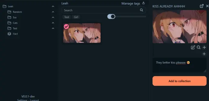 My image tool. There is 1 image of 2 girls almost kissing selected and opened in the sidebar. The title Is "KISS ALREADY AHHHH" and under is the pic a little bigger. Under that is a description "They better kiss pleasee 🥺"