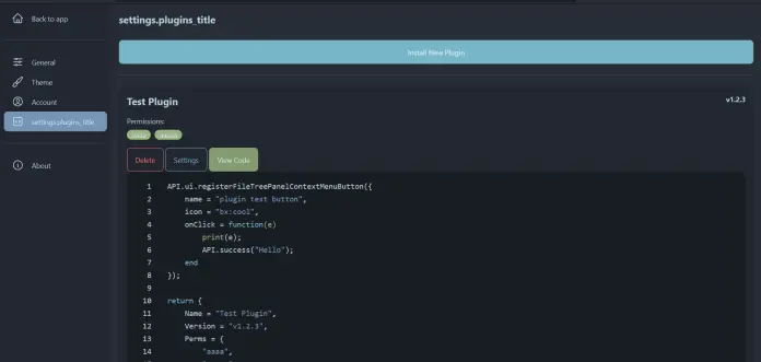 A settings tab for plugins for my image tool I'm making. It shows a plugin name and shows the permissions needed and some buttons to delete, open settings, and show the code. Under it is a code editor showing the code