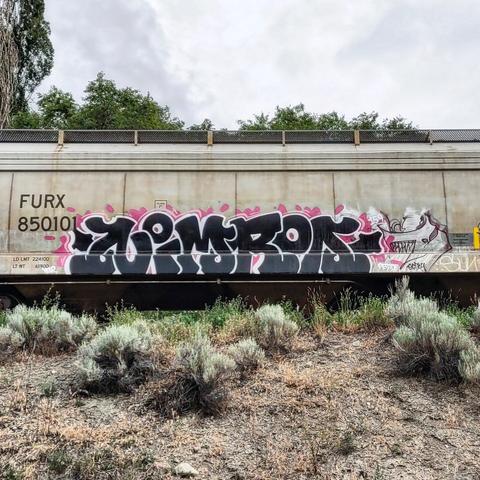 Train car with graffiti rolling through Kamloops BC Canada