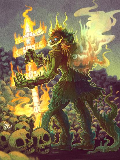 Digital illustration drawn in clip studio paint.
Depiction of the aztec god of death Mictlantecuhtli. His face is a skull with bright glowing eyes and holding a sort of fire staff. He stands upon a mountain of skulls.