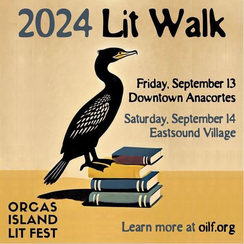 Orcas Lit walk flyer with black text on ochre background featuring black illustration of a heron perched atop a yellow book jutting out from in stack of 4 green books