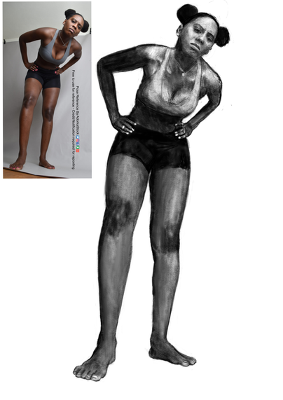 A black and white digital drawing of a black woman. She is standing with her hands on hips, leaning forward with a serious expression, wearing a halter top and bike shorts. Inset top left is the photo reference that it was drawn from.