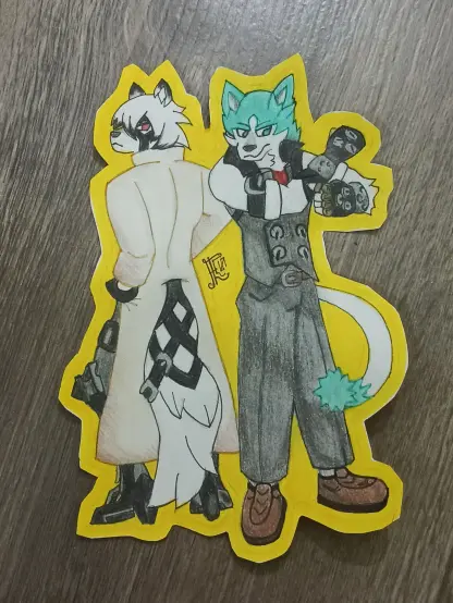 Dibujo de Shirou ogami y Von Lycaon con algunas prendas intercambiadas.