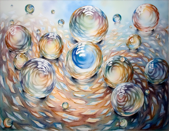 Floating crystal spheres with dreamlike colors, with an unseen grid above through which geometric diamond shaped shadows are cast over them. Pastel style.
