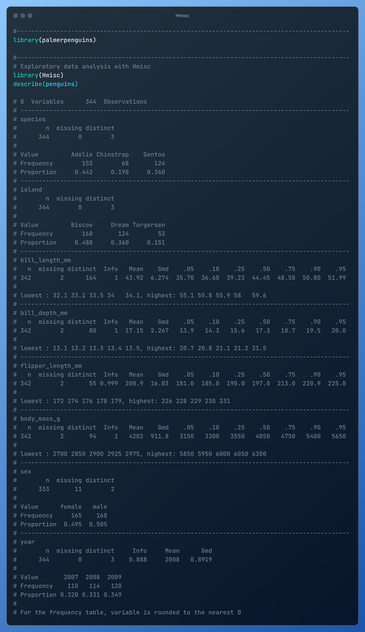 Code showing the output of describe(). The function comes from {Hmisc} and is applied to the {penguins} dataset. Unfortunately, the alt text doesn't allow a full print of the content - this is why I am not adding the full content here.