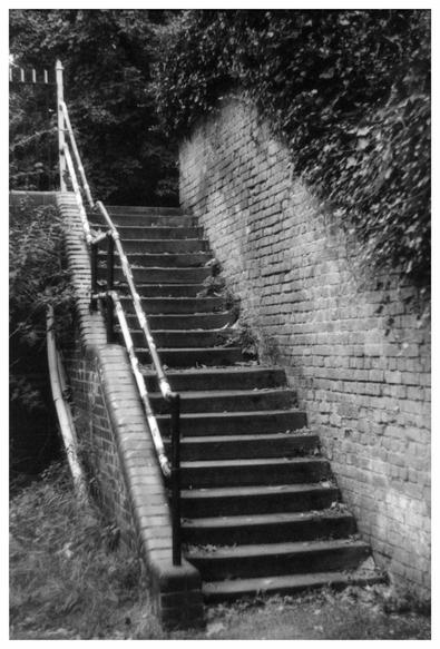 Black and white photo of some old Victorian steps alongside a canal