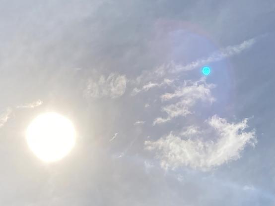 Blick in den Himmel. Die gleißende Sonne und Schleierwolken und blauer Himmel.