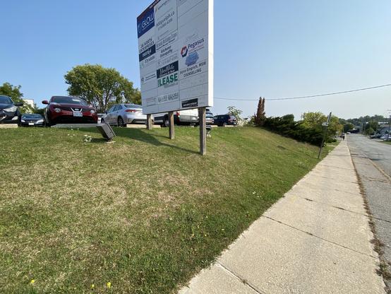 A long narrow stretch of lawn separating a parking lot from a sidewalk.