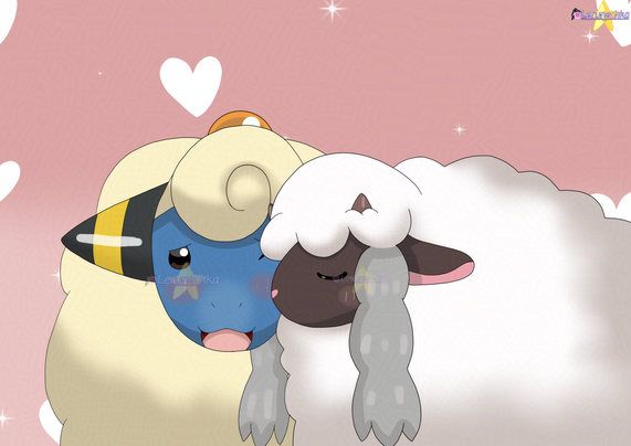 A drawing of Wooloo (a brown sheep with white wool and gray braids), giving a Mareep (a dark-blue sheep with cream-colored wool and conical black ears with yellow stripes) a smooch, both blushing.