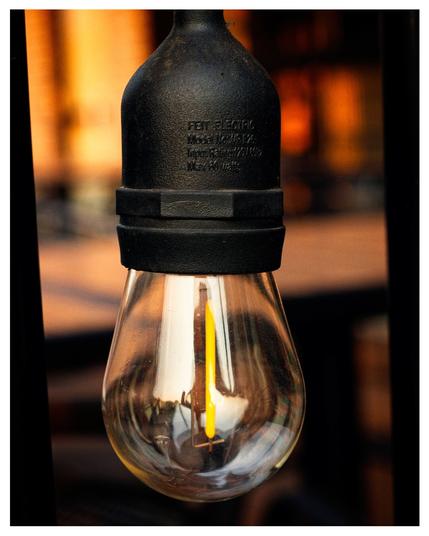 Close up of a single light bulb reflecting the setting sun.