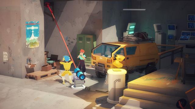 A screenshot I took during one of the cutscenes in the video game Caravan SandWitch. It shows the protagonist and a companion character being extremely excited about upgrading the caravan.