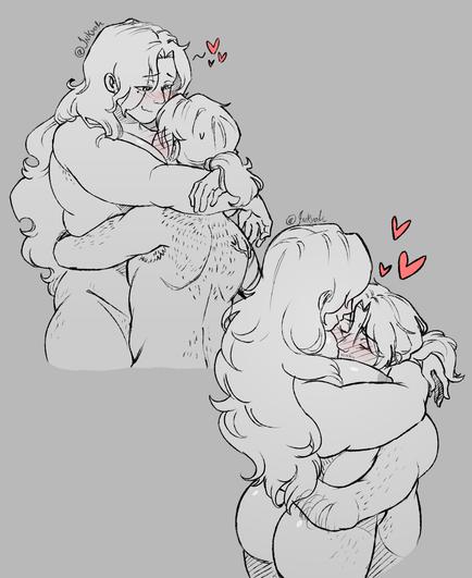 The image depicts Rodion and Gregor, from the game "Limbus Company", hugging and being affectionate to one another. They both have calm and relaxed expressions. Rodion smiles while having Gregor's face between her breasts.