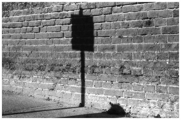 A grainy black and white image depicting the shadow of a sign cast upon an old brick wall