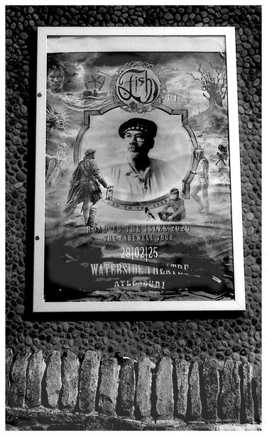 A grainy black and white image of a poster advertising Fish (from Marillion) playing his farewell tour.