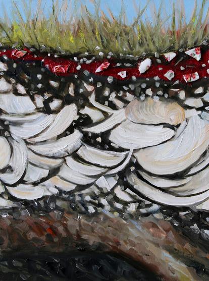 "Red Line Midden” by Terrill Welch is a 16 x 12-inch piece is created using a mix of acrylic, oil, and bone china on cradled birch panel. The composition features dynamic, white layered shapes reminiscent of shells set against a textured, dark background, with hints of red and touches of green and brown brushstrokes suggesting vegetation.