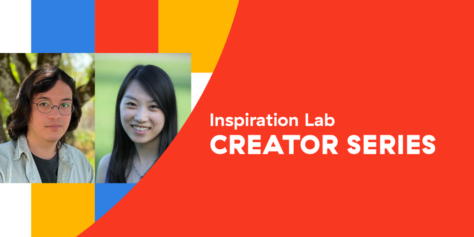 Image featuring two individuals side by side with the text "Inspiration Lab Creator Series" on a red background, accompanied by colourful geometric shapes.