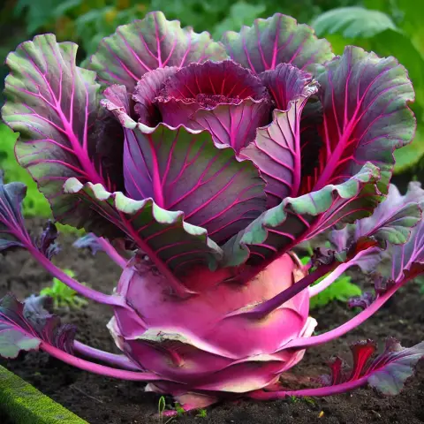 Großer Kohlkopf mit kräftigen, breiten Blättern, die eine intensive violett-pinke Färbung aufweisen. Die Blattrippen sind in leuchtendem Pink hervorgehoben, während die äußeren Blätter nach außen gebogen sind. Der zentrale Teil des Gemüses ist dicht und geschlossen, während der untere Bereich wie ein dicker Kohlrabi aussieht, ebenfalls in kräftigem Pink mit glatten Schichten. Die Pflanze wächst aus dunkler, feuchter Erde, und im Hintergrund sind grüne Blätter weiterer Pflanzen zu erkennen. Die Kombination aus Kohl und Kohlrabi-Elementen deutet auf eine ungewöhnliche Kreuzung hin.