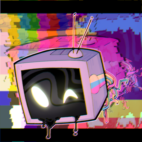 TV with emote eyes blinking in front of a glitched out SMPTE bars background