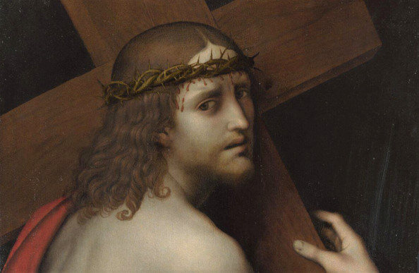 Christ looks back over his right shoulder at the viewer as he carries his cross to Golgotha
