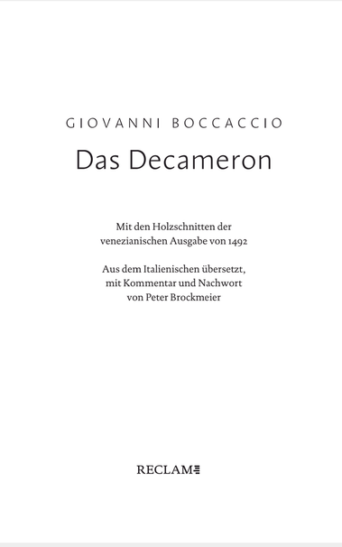Titelei von Boccaccios Dekameron. Ausgabe von 2024. Leipzig: Reclam.