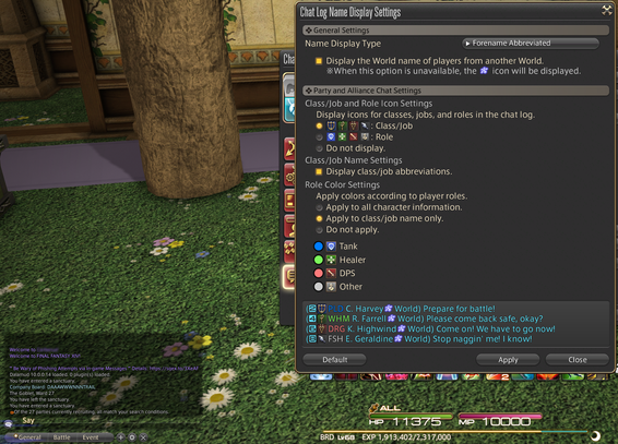 FF14 "Chat Log Name Display Settings" from the "Character Configuration" menu's "Chat Log" sub-menu. My settings are 'Forename Abbreviated, World name Display checked, Display class/job icons, Display class/job abbreviations, and Color class/job name only.
