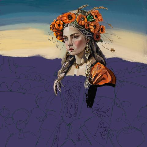 Her crown of orange flowers and wheat sprigs is done. Her braids in the front are done. I added some more detail to her face. Cleaned up the sky a bit and began on her left sleeve.