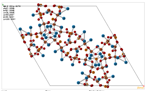i would not know how to even begin showing this atomic structure for Cacoxenite.  the unit cell has ~100 atoms?  in a VERY complex network of Fe, Al, O, P, OH and H2O...
