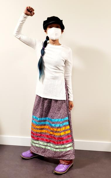 Portrait of me, wearing ribbon skirt that I made.