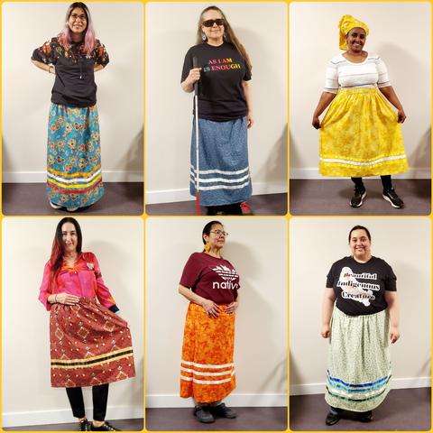 Collage of 6 BIPOC women, wearing their ribbon skirts that they learned to make at the 2 day Indigenous led workshop. The first 2 women at top & all 3 on bottom are all women with Indigenous lineages. The Black woman on top, 3rd photo, is African, from Etitrea.