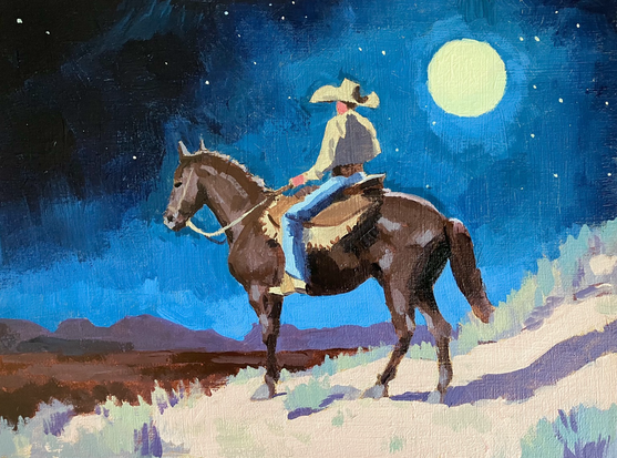 A painting of a cowboy riding in the desert night.