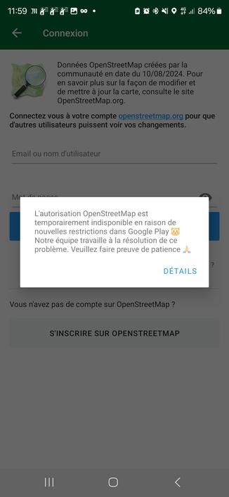 Capture d'écran de l'application Organic Maps sur Android expliquant que Google "censure" le concurrent FOSS de G.Maps mais qu'il est espéré que le problème soit fixé sous peu...