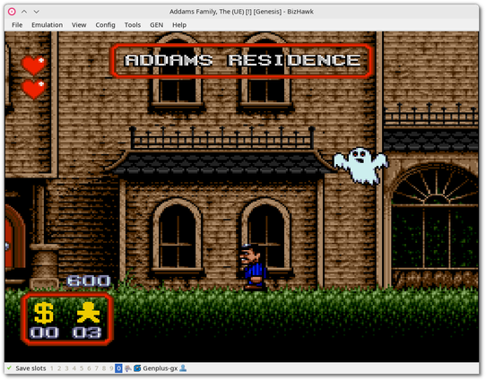 🕶️ A view of its UI in windowed mode with the "Adams Family" game. The main emulation menus are at the top, while a control and information banner is displayed at the bottom. The game presents one of the Adams Family members (controlled by the player) as he returns to the mansion entrance, pursued by a ghost.

📚️ BizHawk is a A libre, multi-platform, multi-system emulator emphasizing ease of use, precision and powerful user tools. It offers - in addition to support for numerous game consoles and arcade cabinets, various debugging tools, compatibility with libretro cores (making it an alternative to RetroArch), Lua scripting support, gamepad, full screen/windowed, automatic fire control, and state saving, TAS (Tool-Assisted Speedrun).