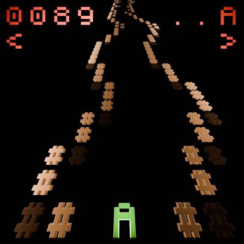 3D impression of a race game that can be played in a console only, depicting the race track with many lines of: a hashtag, some spaces, and another hashtag to delimit the street. Some score and lives showing on top, the "car" is just a the letter "A".