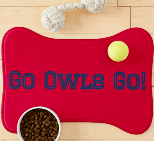 The Florida Atlantic college fight song Go Owls Go is shown on a dog mat for the FAU fan!