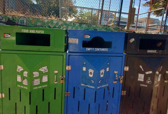 Boycott Israel Apartheid stickers on public garbage, recycle & compost metal bins in Fernwood Square, beside Vic High school.
