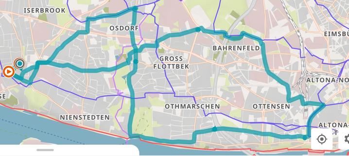 Ein Kartenausschnitt der westlichen Hamburger Stadtteile Blankenese, Iserbrook, Osdorf, Flottbek, Othmarschen, Nienstedten, Bahrenfeld, Ottensen.
Darauf ist eine Strecke in ungefährer Form einer 8 markiert.