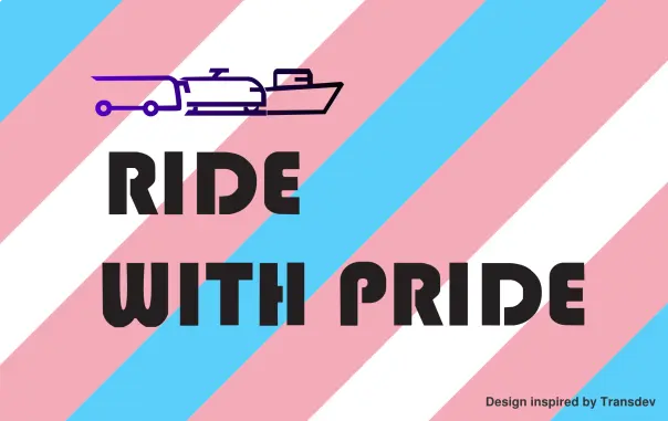 Cardcover with a bus/train/ship icon, trans pride flag in background and credits to Transdev (from whom I got my idea)
