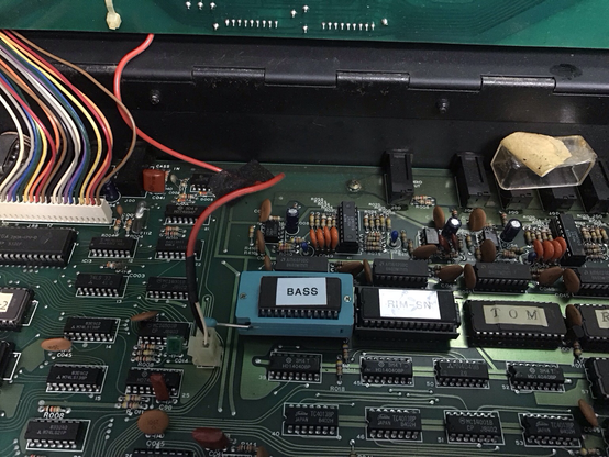 Drumtraks motherboard, highlighting bass, rim shot/snare and tom eproms. First two are in ZIF sockets