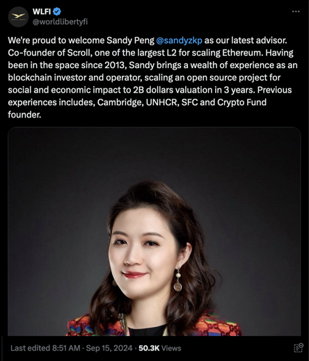 tweet by WorldLibertyFi

We're proud to welcome Sandy Peng @sandyzkp as our latest advisor.
Co-founder of Scroll, one of the largest L2 for scaling Ethereum. Having been in the space since 2013, Sandy brings a wealth of experience as an blockchain investor and operator, scaling an open source project for social and economic impact to 2B dollars valuation in 3 years. Previous experiences includes, Cambridge, UNHCR, SC and Crypto Fund founder.
