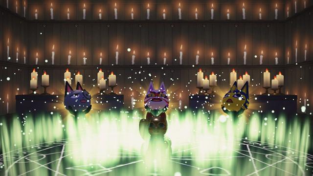 Animal Crossing: New Horizons screenshot. Image shows Kabuki, Ankha, and Raymond in a candle lit room with magical circle flooring. The three cats are raising their arms with sparkles coming out of their arms. Green flames are also coming up out of the magical circle in the center of the room. Centralized to the room is a single, golden lucky cat amidst the flames.