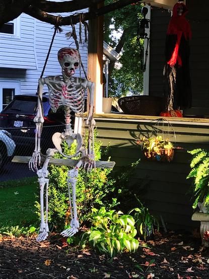 A Halloween decoration: a bloody skeleton sits on a wooden swing attached by ropes to a tree branch.