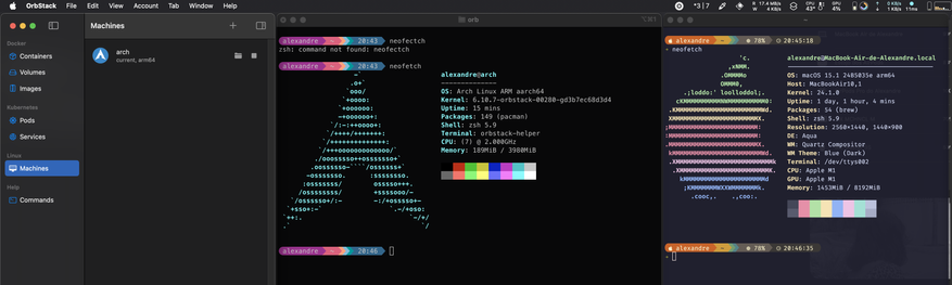 Imagem da tela de um MacBook Air exibindo a interface do orbstack.dev , terminal exibindo detalhes do SO com um Linux Arch virtualizado e outro terminal exibindo detalhes do macOS
