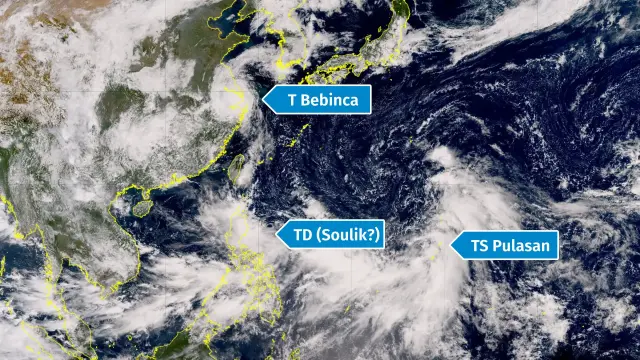 True color satellite image taken by the Japan Meteorological Agency on September 16, 2024 at 0430 UTC. The image shows three tropical cyclones:

1. Typhoon Bebinca has made landfall in Shanghai and is moving inland into Jiangsu Province.
2. Tropical Storm Pulasan is just west of Guam, with a very wide circulation. Gale force winds span more than 1,000km across.
3. A Tropical Depression is to the east of Luzon, Philippines. If it intensifies into a Tropical Storm, it will be given the name Soulik.