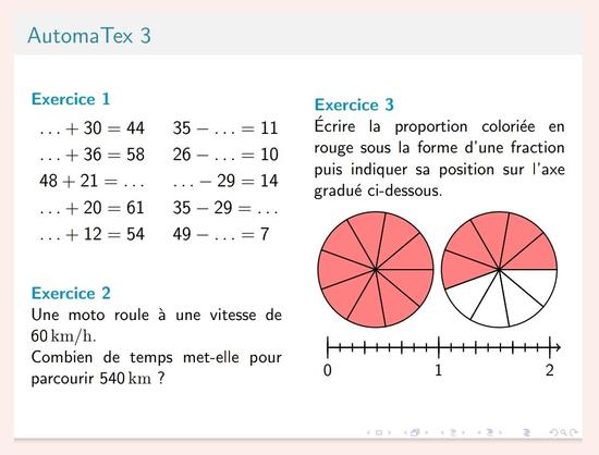 3 exercices sur 3 thèmes différents au format présentation :
- Exercice 1 : ➕ Additions/Soustractions  
- Exercice 2 : ⏳ Durée/Distance/Vitesse  
- Exercice 3 : ➗ Fraction/Axe gradué