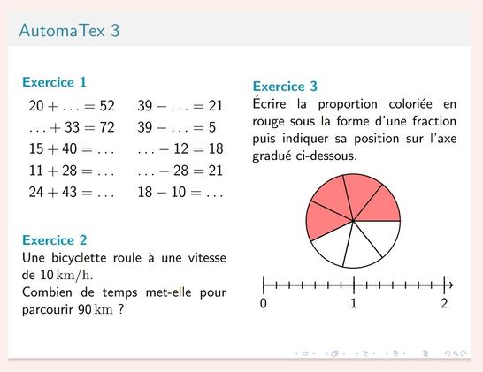3 exercices sur 3 thèmes différents au format présentation :
- Exercice 1 : ➕ Additions/Soustractions  
- Exercice 2 : ⏳ Durée/Distance/Vitesse  
- Exercice 3 : ➗ Fraction/Axe gradué