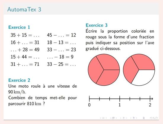 3 exercices sur 3 thèmes différents au format présentation :
- Exercice 1 : ➕ Additions/Soustractions  
- Exercice 2 : ⏳ Durée/Distance/Vitesse  
- Exercice 3 : ➗ Fraction/Axe gradué
